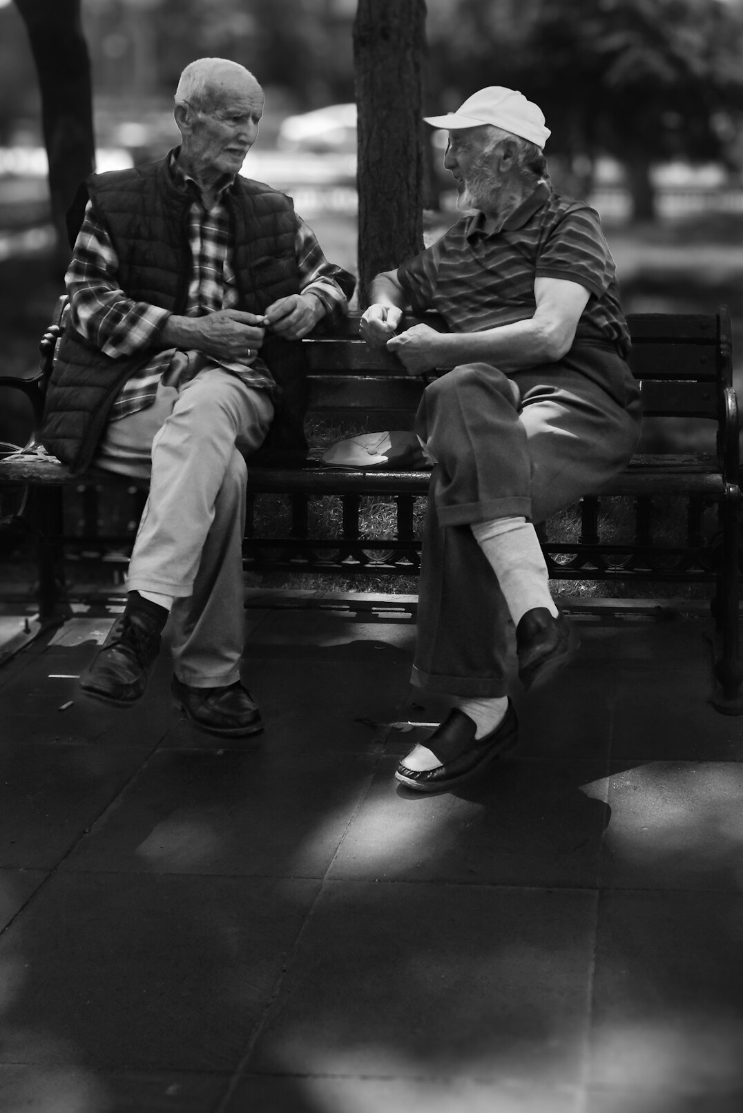 senior friends talking in park