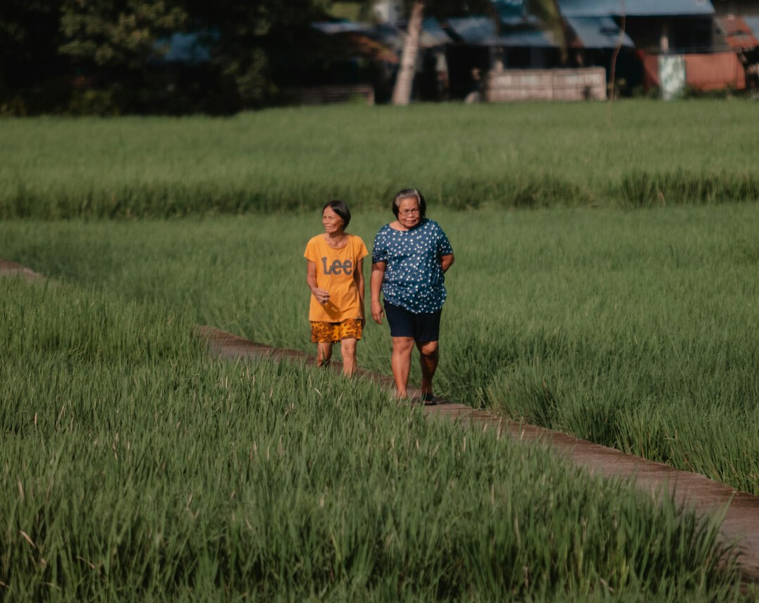 senior couple walking in neighborhood